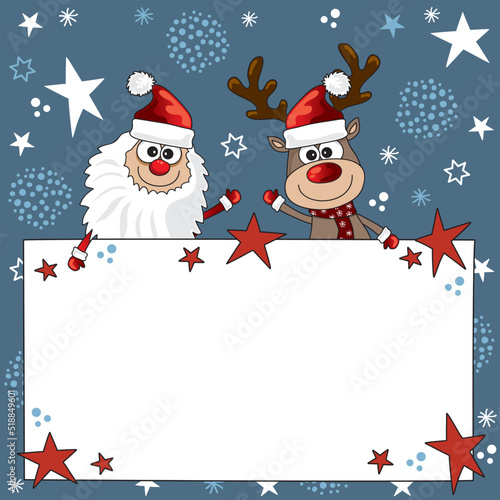 advent weihnachtsmann und rentier mit leerem plakat für weihnachten werbung und rabatt aktion, cartoon