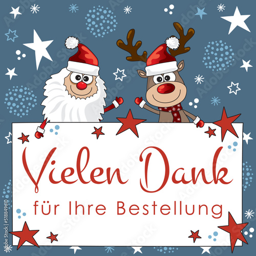 Weihnachtsmann und rentier bedanken sich für die Bestellung im online shop, werbung, marketing, banner, hintergrund