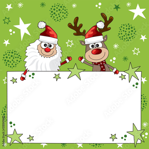 grüne weihnachtskarte weihnachtsmann und rudolph hinter leerem poster für werbung, verkauf, personalisierte postkarte, druck