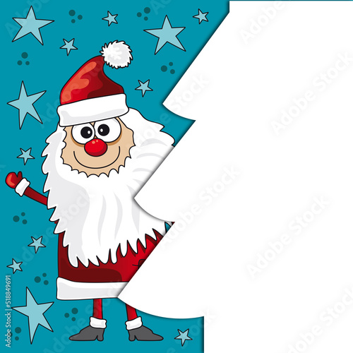 Weihnachtsmann Charakter versteckt sich hinter weißem Tannenbaum mit leerem Platz für Werbung und winkt