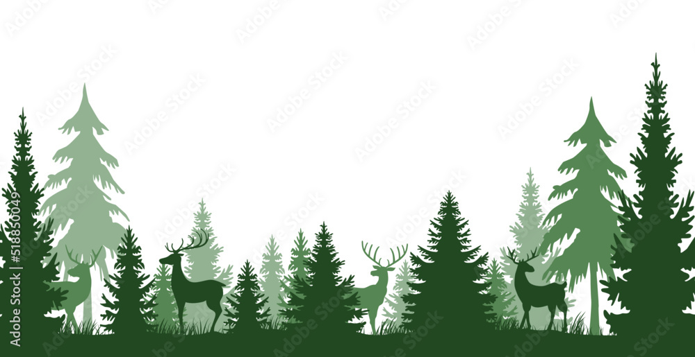 grüne Tannen Wald Landschaft mit Rentieren, isoliert