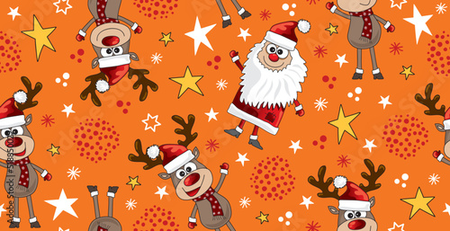 Rentiere und Weihnachtsmann, nahtloses Muster für Geschenkpapier und Druck, orange, Cartoons, Vektor, Illustration