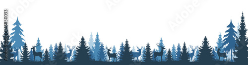 Tannen Wald Landschaft mit Rentieren blau bei Nacht, Panorama, isoliert