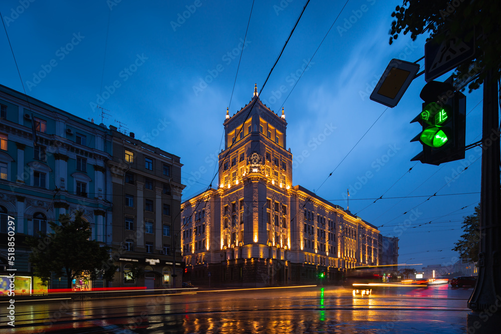 Fototapeta premium evening view of Konstitutcia square in Kharkiv, Ukraine.
