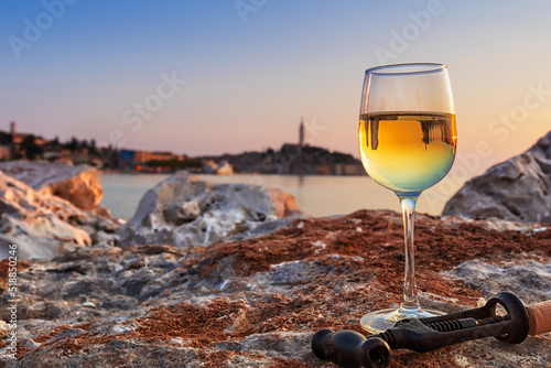 Fototapeta Naklejka Na Ścianę i Meble -  Glass of white wine on the background of Rovinj town, Croatia