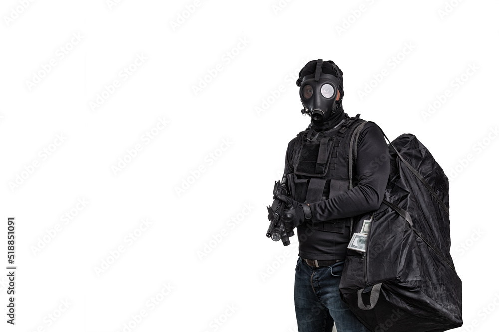 robber with a gun and a bag of money isolated on white background robber with a gun and a bag of money isolated on white background