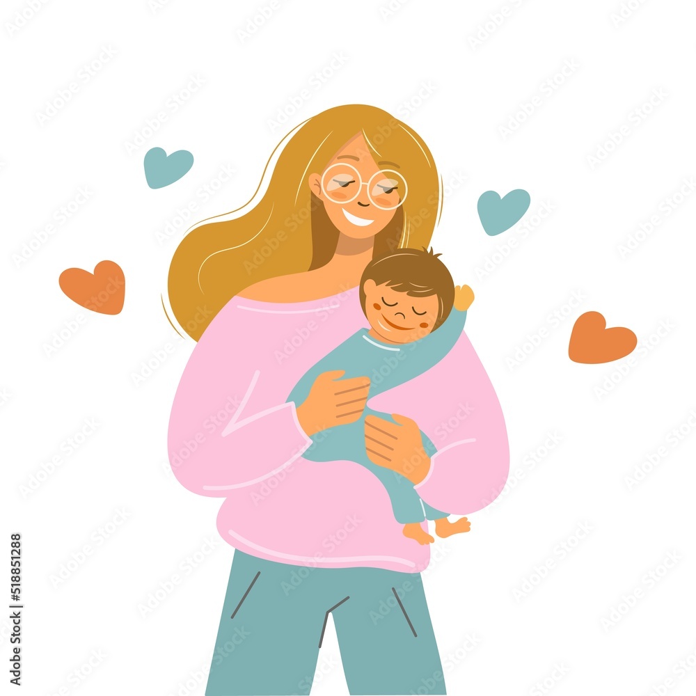 A mother holds her little son in her arms. Loving young woman hugging a child. Mother's Day greeting card template. Parent shows love and care vector isolated illustration. Cartoon flat style. A mother holds her little son in her arms. Loving young woman hugging a child. Mother's Day greeting card template. Parent shows love and care vector isolated illustration. Cartoon flat style.
