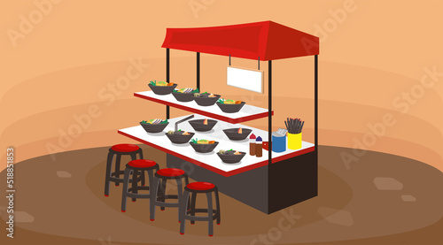 Ramen pop-up stall with stools, ramen bowls, condiments, spoon, chopsticks, utensils, and stools on the roadside or at a park