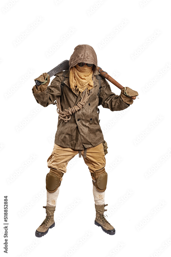 Post apocalyptic warrior in gas mask on the white background. Post apocalyptic warrior in gas mask on the white background.