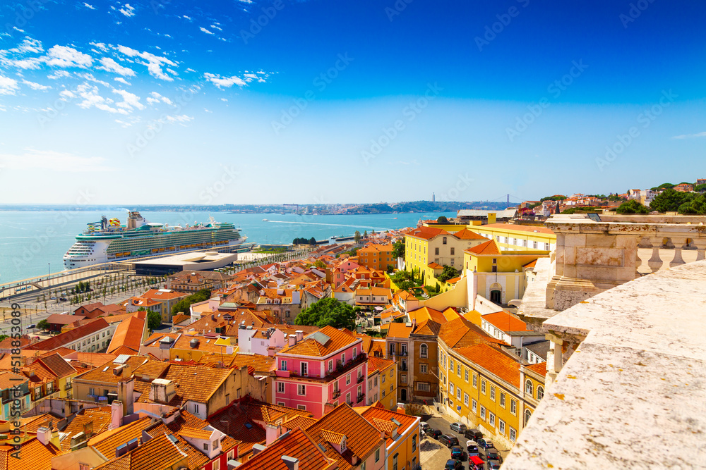 Panorama of historical Alfama district and Tagus River view from National Panteon in Lisbon city, Portugal
