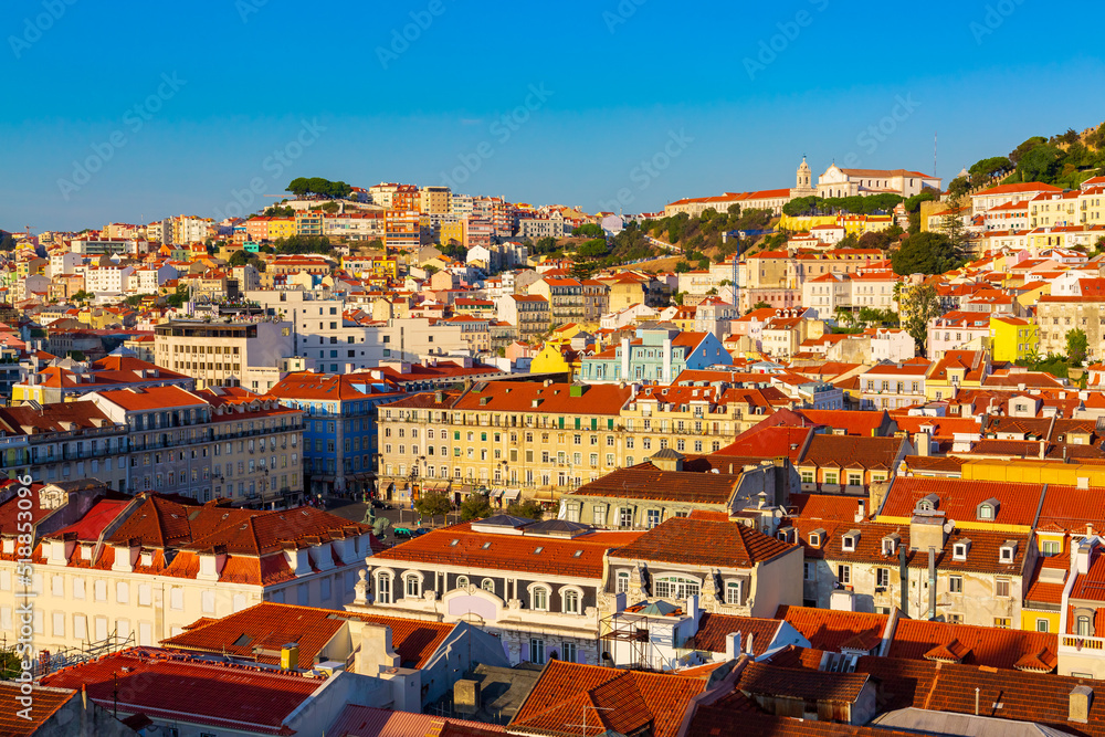 Old town panorama during sunset seen from Santa Justa Lift in Lisbon city, Portugal