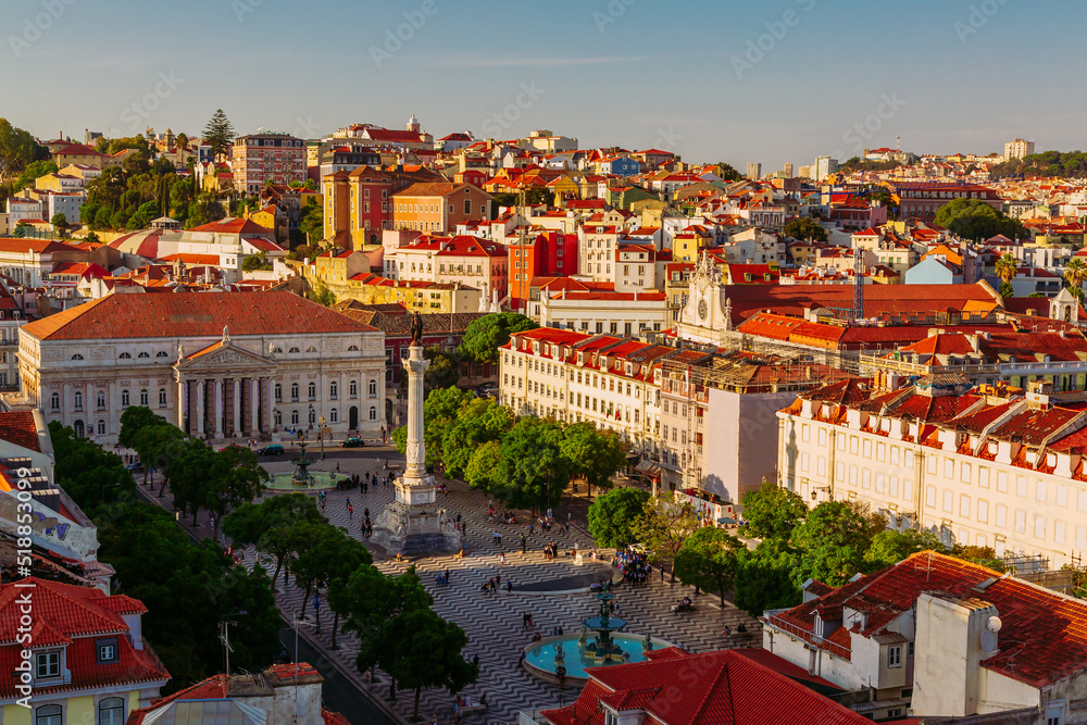 King Pedro IV, Rossio Square seen from Santa Justa Lift in Lisbon, Portugal