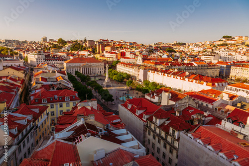 King Pedro IV, Rossio Square seen from Santa Justa Lift in Lisbon, Portugal