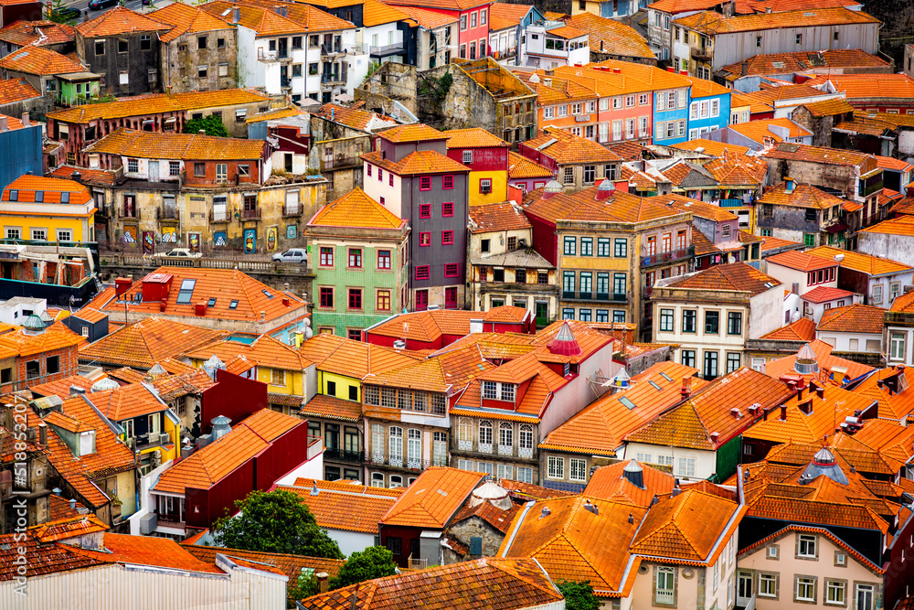 Beautiful old historical buildings of Porto city, seen from Clerigos Tower, part of Church of the Clergymen, Portugal