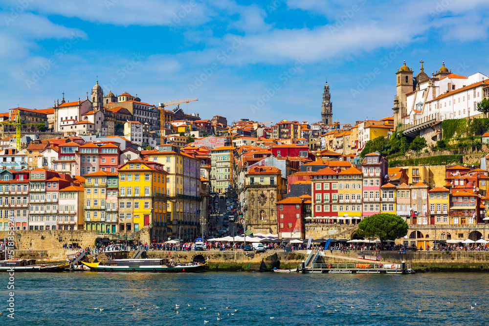 Porto, Portugal, old town cityscape with colorful houses and the Douro River, seen from the Vila Nova de Gaia