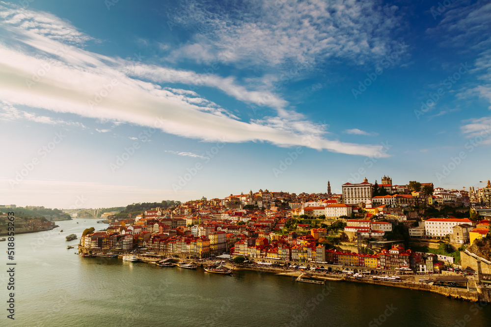 Porto, Portugal, amazing view of Riberia district with historical houses and Douro river seen from Ponte de Dom Luis bridge