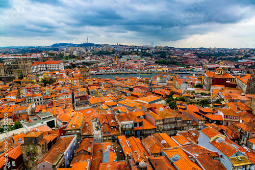 Aerial view of old historical buildings of Porto city and Vila Nova de Gaia with Douro River, Portugal photo