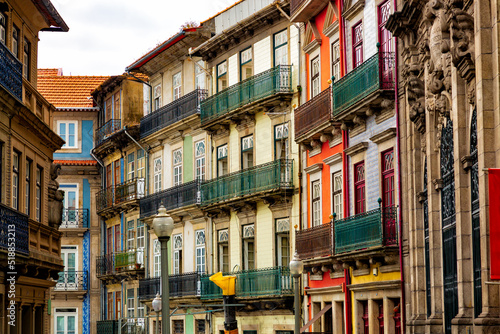Historical architecture of Rua Das Flores street in Porto city, Portugal