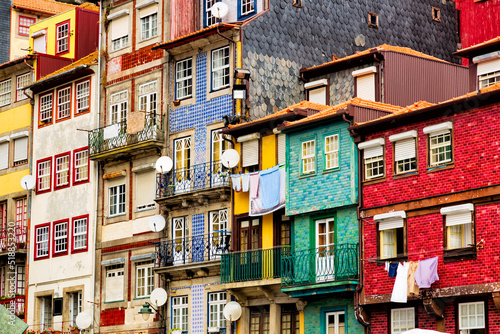 Beautiful historic colorful buildings in the old town of Ribeira district in the city of Porto, Portugal