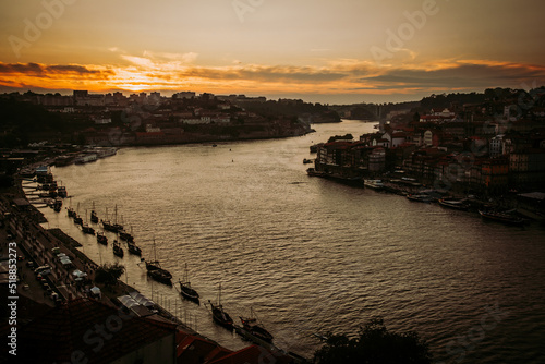Porto, Portugal, sunset over the Douro River seen from Dom Luis brifge