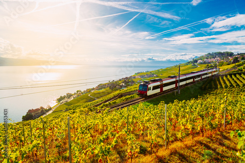 Lavaux, Switzerland: SBB train traveling on a railway through Lavaux vineyard terraces on the shore of Lake Geneva, Canton Vaud photo
