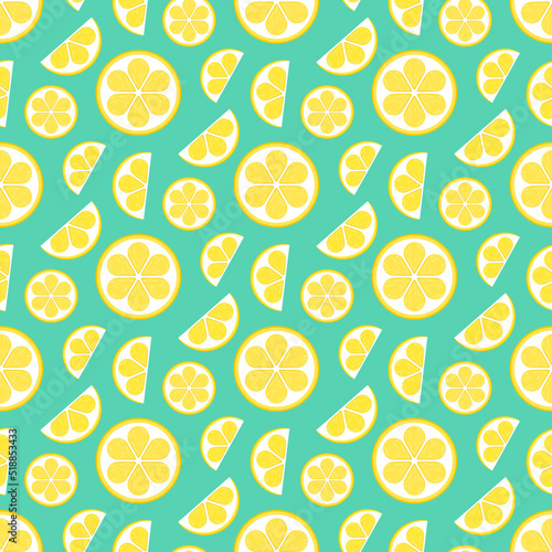 Slices of lemon. Vector seamless pattern in yellow and greeen colors. Best for textile, wallpapers, home decoration, wrapping paper, package and web design.