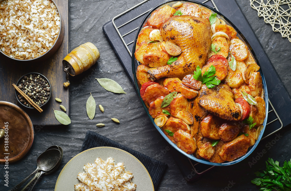 Arabic cuisine; Egyptian traditional dish "Baked potatoes with roasted