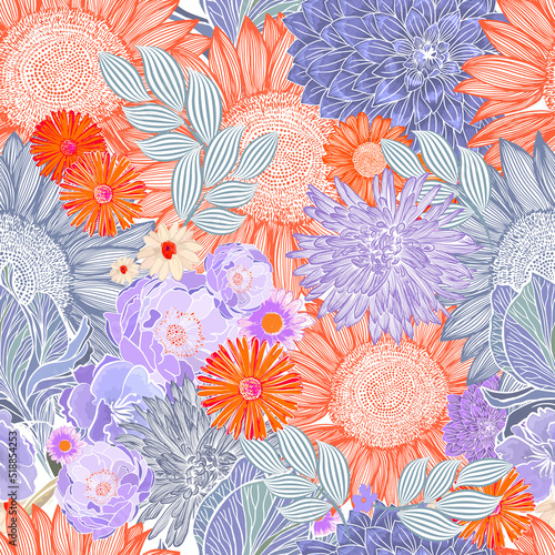 Seamless floral background. Vector illustration. Modern floral background. Trendy Folk style.