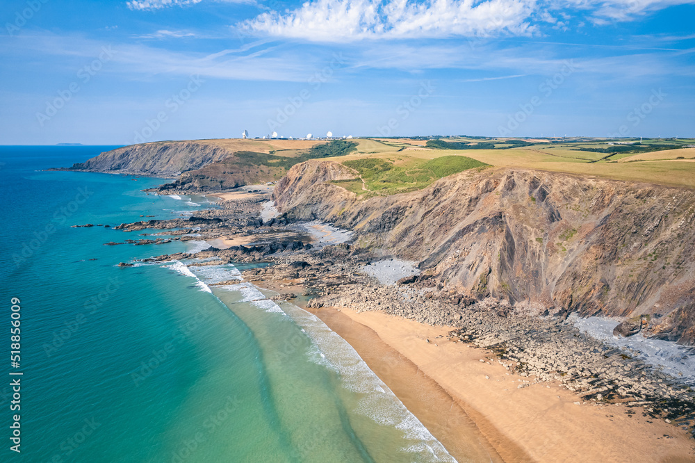 Cliffs on the Sandymouth Bay Beach from a drone, National Trust, Bude, Cornwall, England, Europe