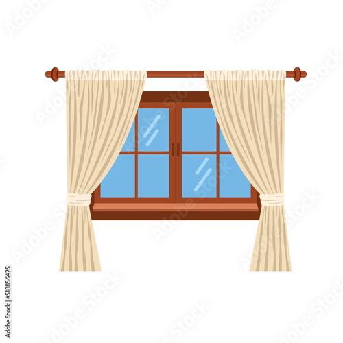 Flat interior composition. Window with curtains on the sides. Vector illustration isolated on white background.