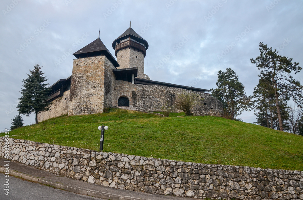 Medieval fortress. Walls and towers on old castle. Velika Kladusa, Bosnia and Hercegovina. 