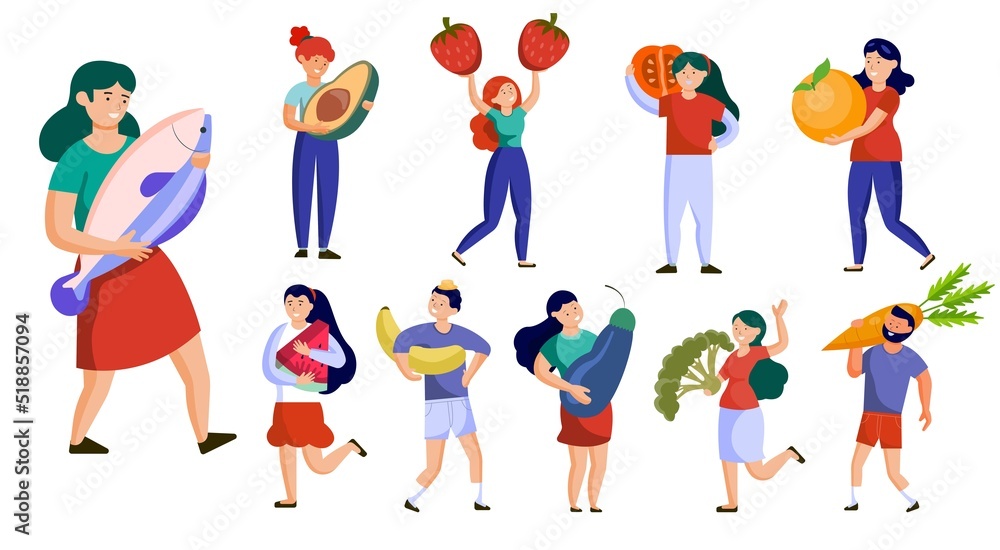 Flat illustration concept The little character is holding large fruits like lemons, strawberries, oranges, bananas, grapes, watermelons, avocados, apples, tomatoes, all for your good health. Flat illustration concept The little character is holding large fruits like lemons, strawberries, oranges, bananas, grapes, watermelons, avocados, apples, tomatoes, all for your good health.