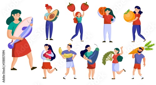Flat illustration concept The little character is holding large fruits like lemons, strawberries, oranges, bananas, grapes, watermelons, avocados, apples, tomatoes, all for your good health.