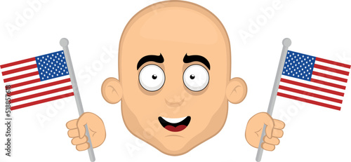 Vector illustration of the face of a cartoon bald man with a happy expression and united states flags in his hands
