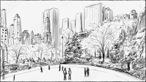 Wollman Rink in the southern part of Central Park Manhattan New York City in Winter Watercolor Painting