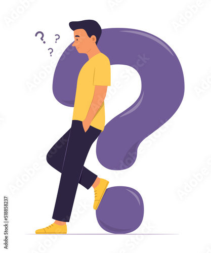 Man Leaning Against a Big Question Mark and Thinking Question.