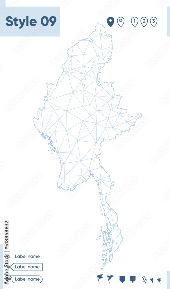 Myanmar - white low poly map, polygonal map. Outline map. Vector illustration.