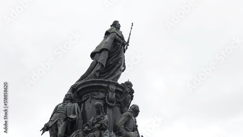 Monument to Catherine II on cloudy sky background, Saint Petersburg, Russia. Action. Bottom view of a stunning monument in honor of Empress Catherine II.
