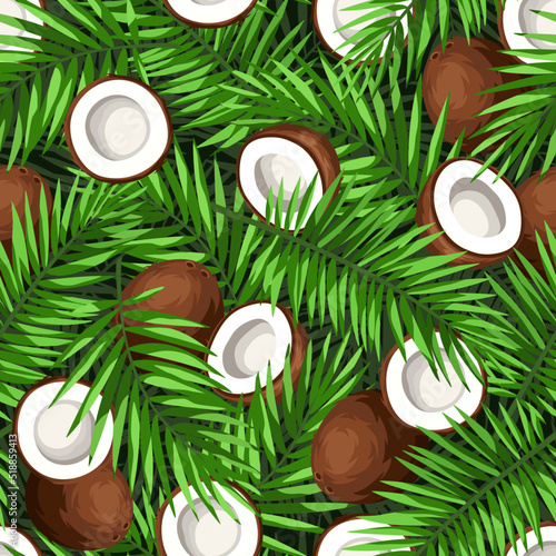 Tropical seamless pattern with coconuts and green coconut palm leaves. Vector illustration