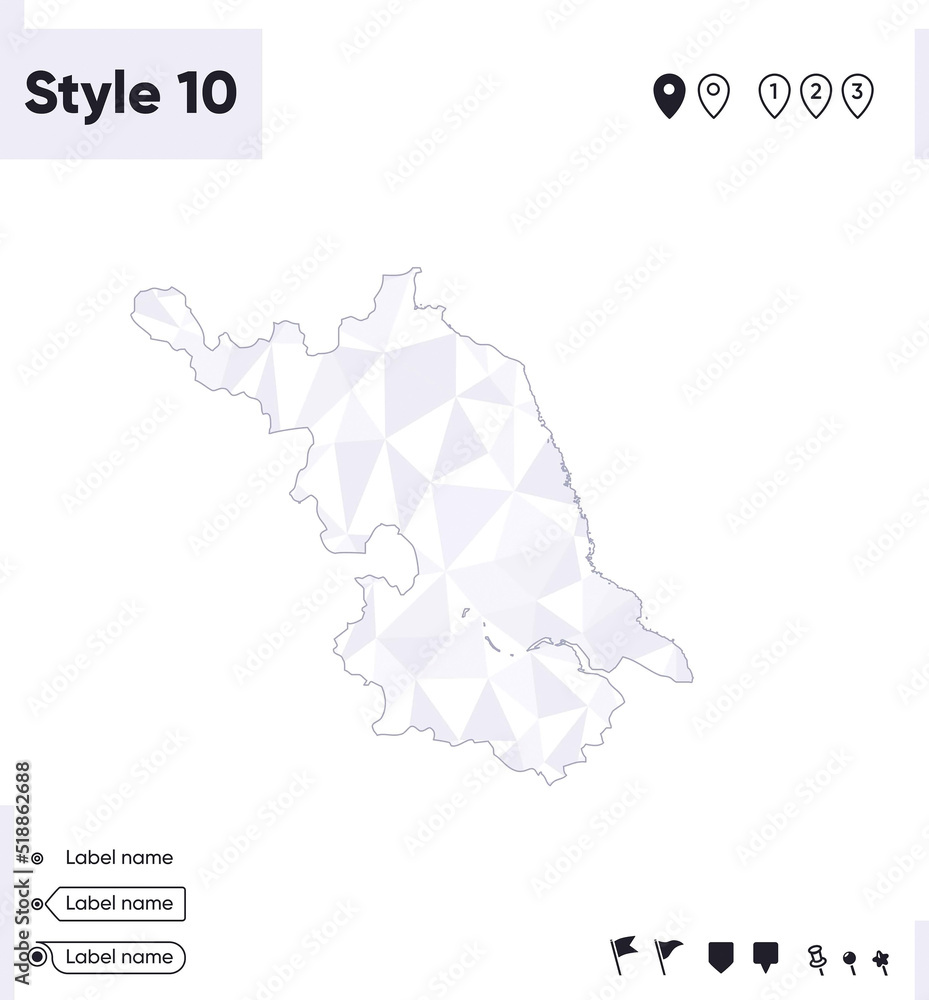Jiangsu, China - white and gray low poly map, polygonal map. Outline map. Vector illustration.