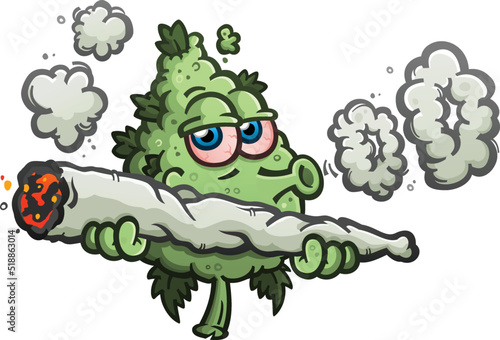 Cannabis bud cartoon character smoking a massive joint and blowing smoke rings isolated vector illustration
