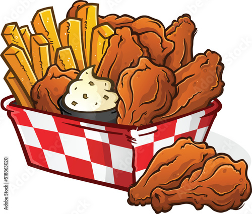 An irresistible chicken wing basket with crispy golden French fries fresh from the deep fryer