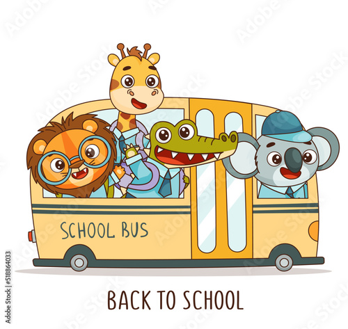 Set of kids kawaii tropical animals go to school on a school bus. Vector illustration for designs, prints, patterns. Isolated on white background © EnyaLis