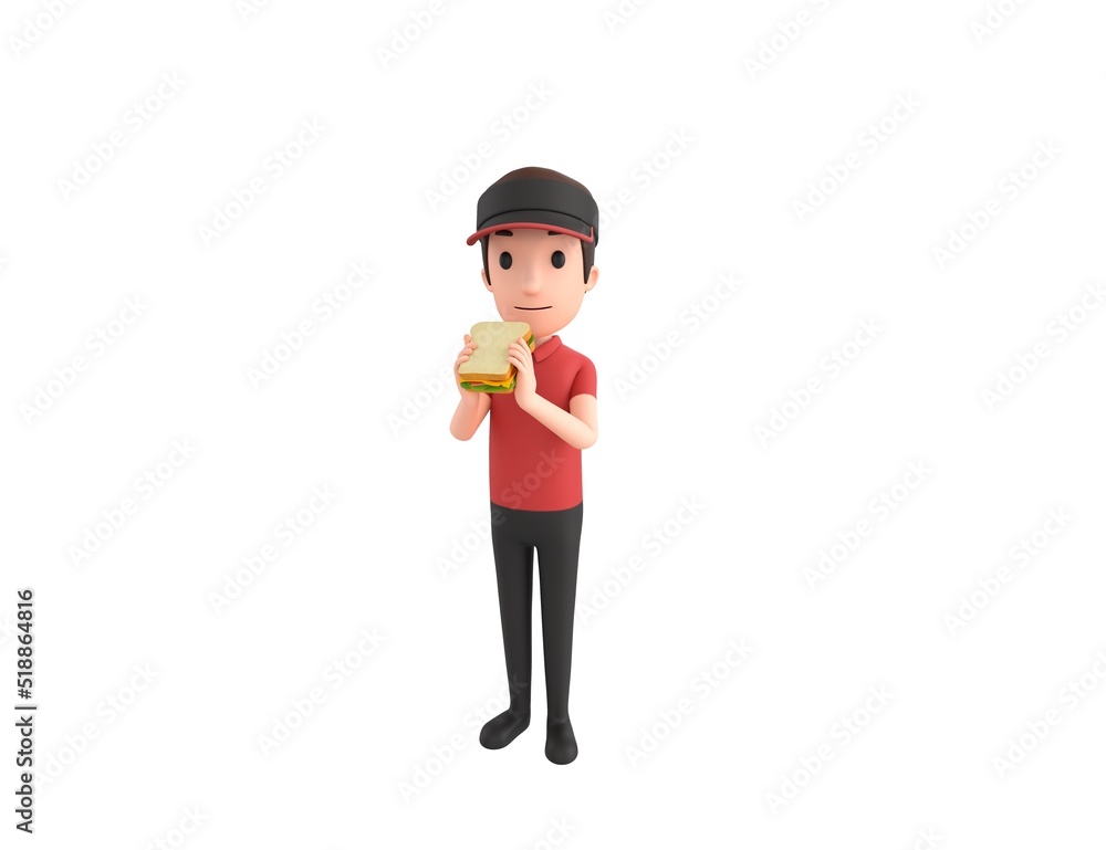 Fast Food Restaurant Worker character eating sandwich in 3d rendering.