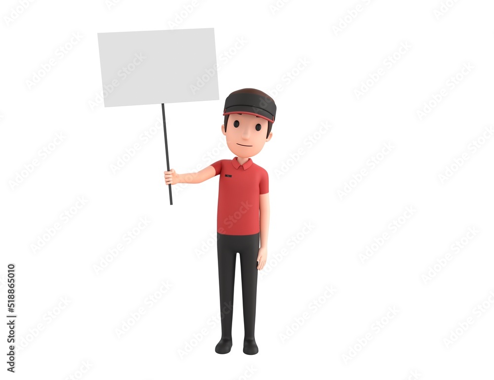 Fast Food Restaurant Worker character holding blank banner in 3d rendering. Fast Food Restaurant Worker character holding blank banner in 3d rendering.