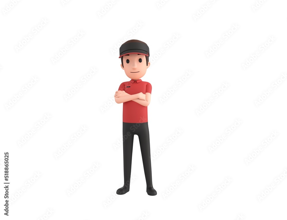 Fast Food Restaurant Worker character smiling with arms crossed in 3d rendering.