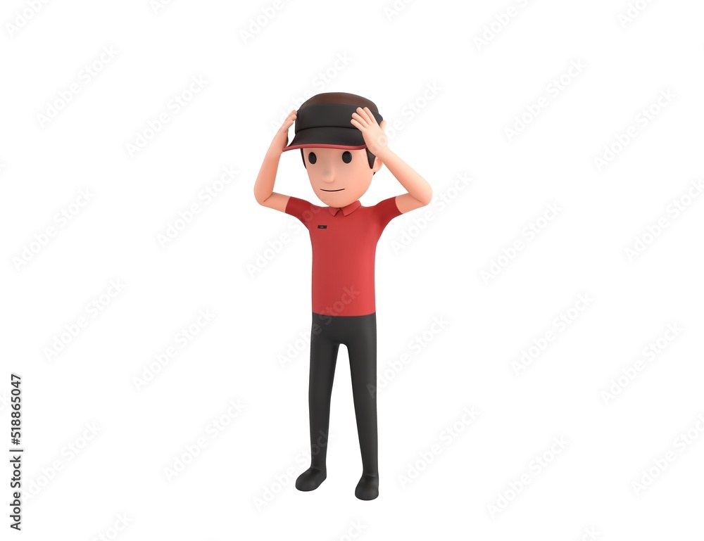 Fast Food Restaurant Worker character with hand on head for pain in head because stress in 3d rendering.