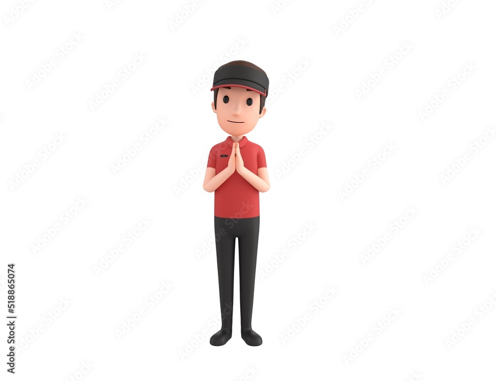 Fast Food Restaurant Worker character praying with hands held together in 3d rendering.