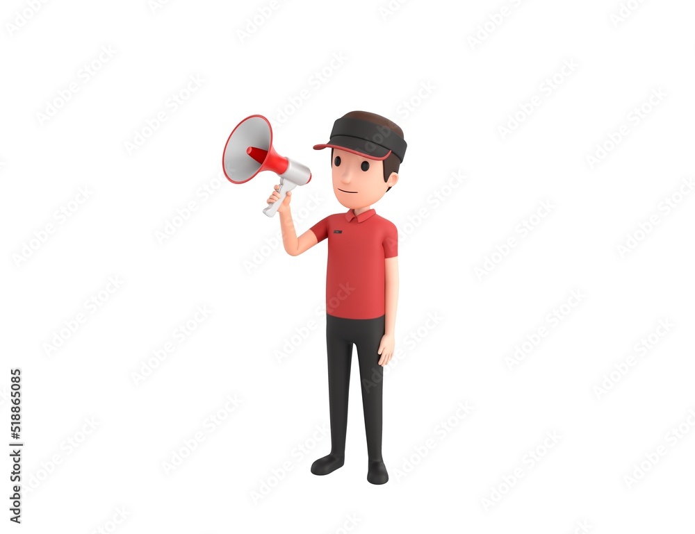 Fast Food Restaurant Worker character speaking in megaphone in 3d rendering. Fast Food Restaurant Worker character speaking in megaphone in 3d rendering.