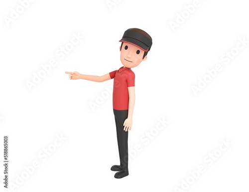 Fast Food Restaurant Worker character pointing index finger to the left in 3d rendering.